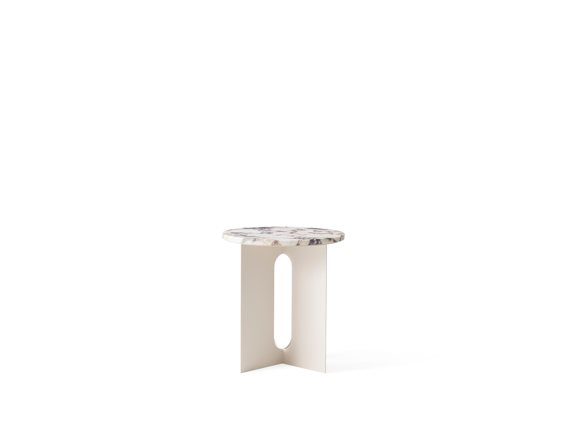 Androgyne Side Table Ø40cm, Ivory Steel, Calacatta Viola Marble