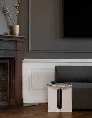 Androgyne Side Table Ø40cm, Ivory Steel, Calacatta Viola Marble